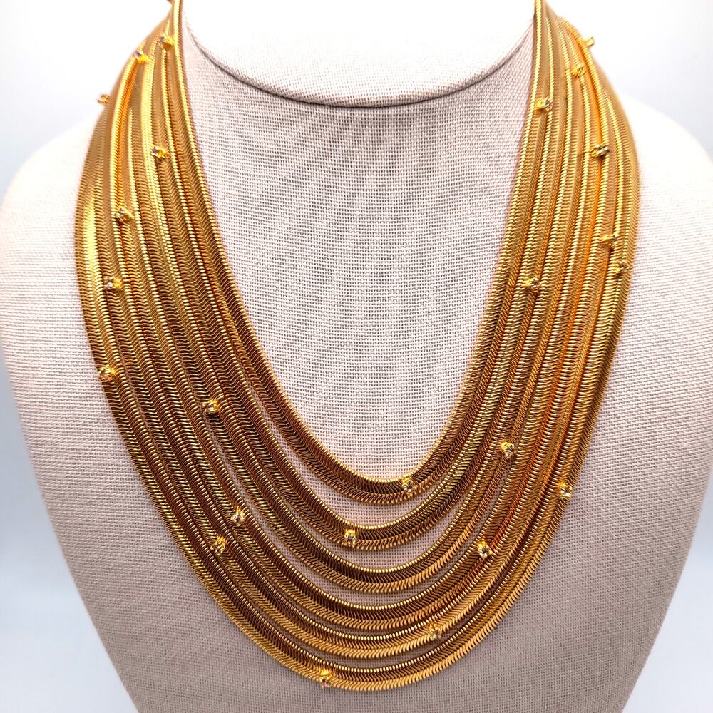 Gold Tone Multi Strand Snake Chain Necklace Rhinestone Toggle